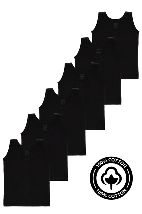 Siyah Erkek Çocuk Atlet 6'lı Paket %100 Pamuk Penye