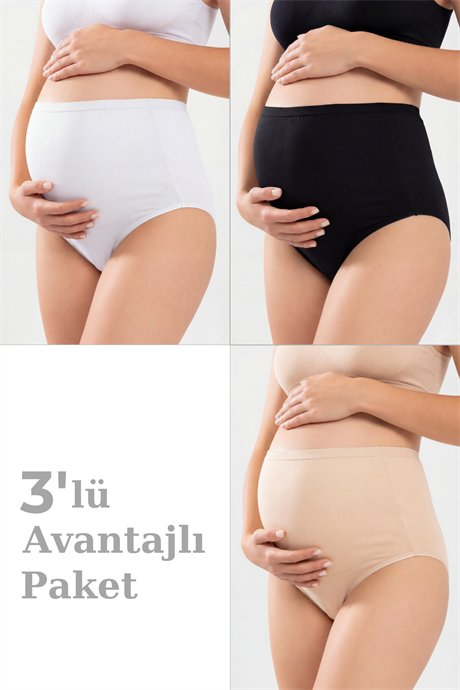 3'lü Paket Kadın Renkli Pamuklu Likralı Yüksek Bel Hamile Lohusa Külot Esnek ve Rahat Kumaş