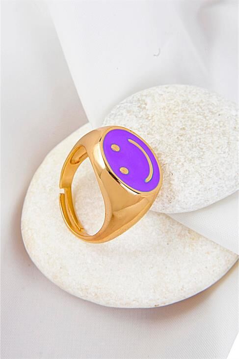 Ayarlanabilir Gülen Yüz Tasarımlı Mor Renkli Yüzük