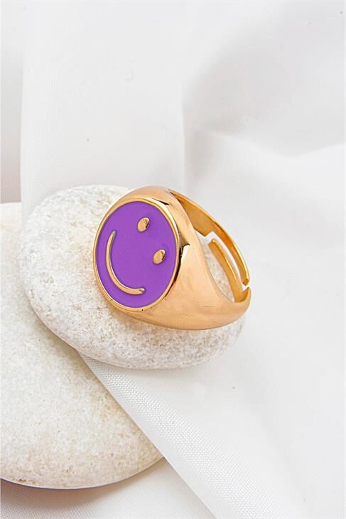 Ayarlanabilir Gülen Yüz Tasarımlı Mor Renkli Yüzük