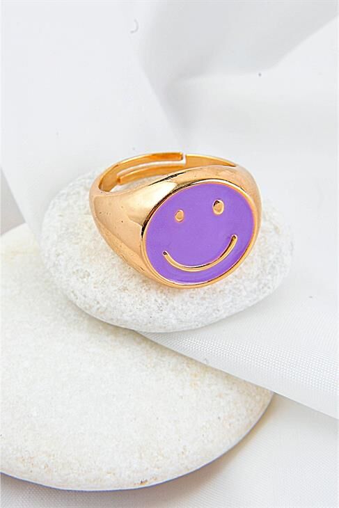 Ayarlanabilir Gülen Yüz Tasarımlı Mor Renkli Yüzük