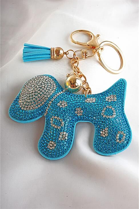 Mavi Köpek Tasarımlı Taşlı Boncuklu Parlak Klipsli Ve Anahtarlıklı Aksesuar