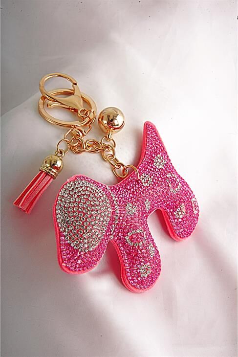 Pembe Köpek Tasarımlı Taşlı Boncuklu Parlak Klipsli Ve Anahtarlıklı Aksesuar