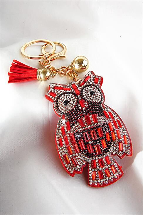 Kırmızı Baykuş Tasarımlı Taşlı Boncuklu Parlak Klipsli Anahtarlıklı Aksesuar