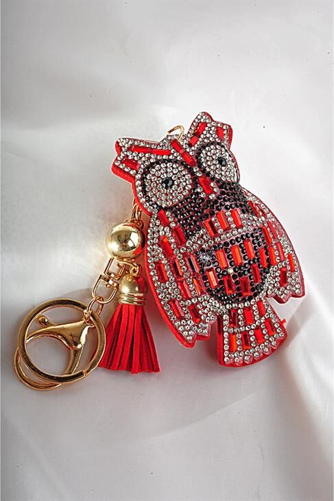 Kırmızı Baykuş Tasarımlı Taşlı Boncuklu Parlak Klipsli Anahtarlıklı Aksesuar