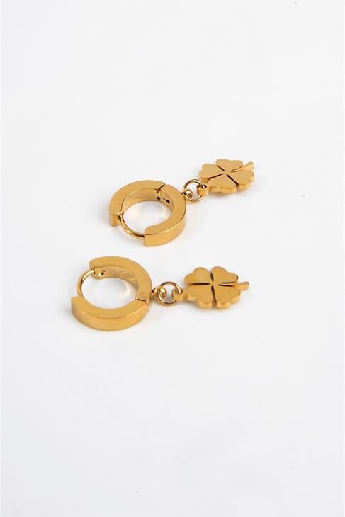 Çelik Yonca Tasarımlı Gold Renkli Kancalı Sallantılı Çelik Küpe