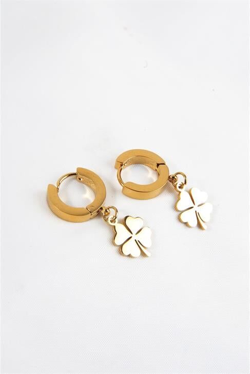 Çelik Yonca Tasarımlı Gold Renkli Kancalı Sallantılı Çelik Küpe