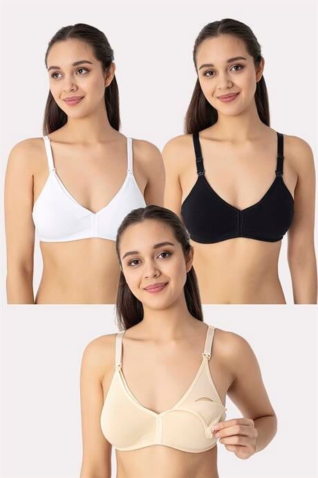 3 Adet Beyaz Siyah Ten Kadın Pamuklu Emzirme Sütyeni Balensiz Esnek Yumuşak Kumaş