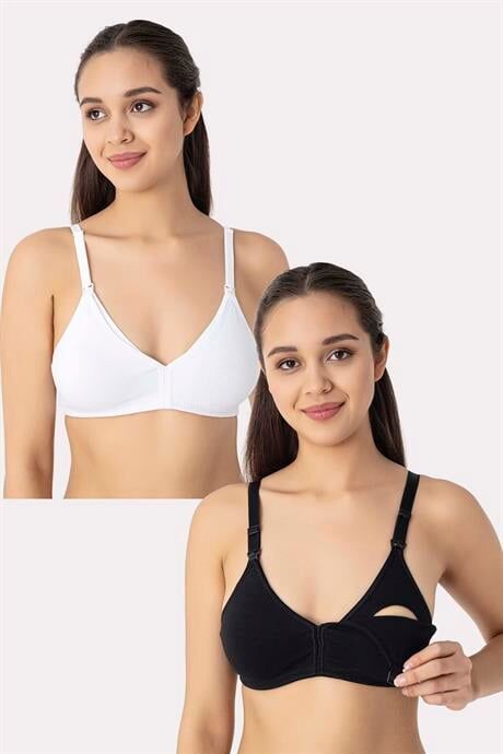 2'li Beyaz - Siyah Kadın Balensiz Kapsız Emzirme Sütyeni Pamuklu Likralı Esnek Ve Yumuşak Kumaş
