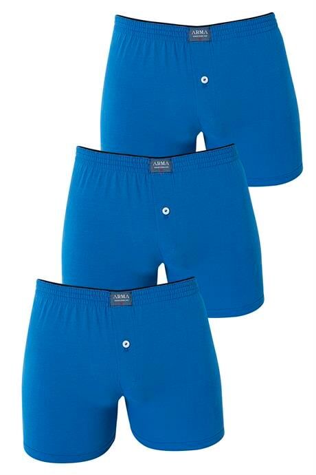 Erkek Mavi Düğmeli Boxer 3'lü Paket %100 Pamuklu Penye