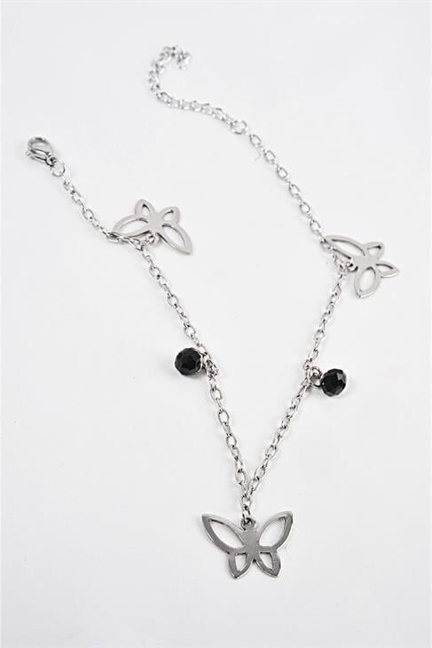 Çelik Kelebek Ve Siyah Boncuklu Figürlü Çelik Halhal Ayak Aksesuarı
