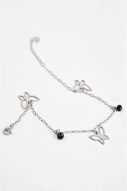 Çelik Kelebek Ve Siyah Boncuklu Figürlü Çelik Halhal Ayak Aksesuarı