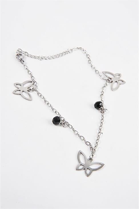 Çelik Kelebek Ve Siyah Boncuklu Figürlü Çelik Halhal Ayak Aksesuarı