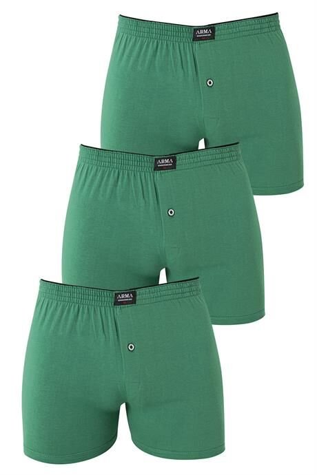 Erkek Yeşil Düğmeli Boxer 3'lü Paket %100 Pamuklu Penye
