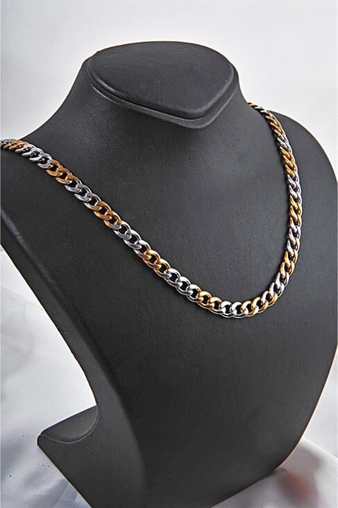 Çelik Gold Ve Siyah Renkli Unisex Çelik Kolye