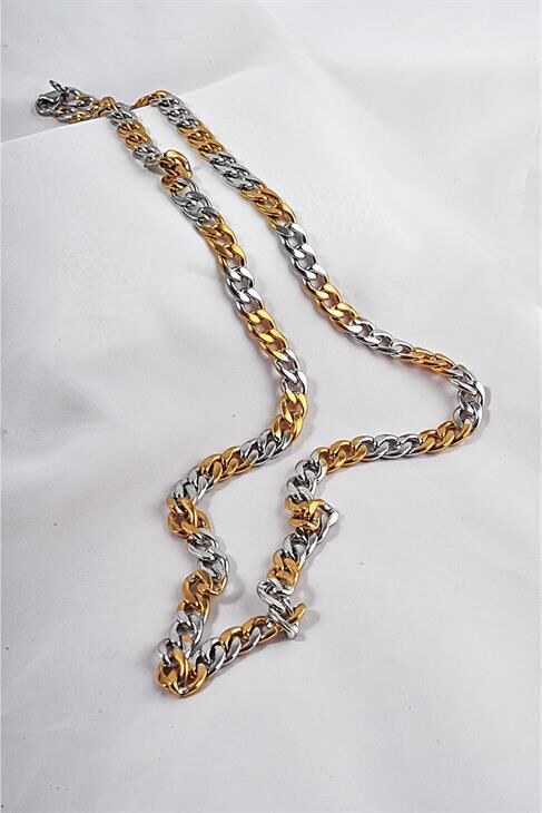 Çelik Gold Ve Siyah Renkli Unisex Çelik Kolye