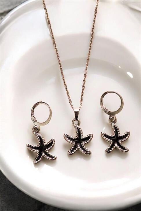 Siyah Deniz Yıldızı Tasarımlı Kolye Küpe Takı Seti