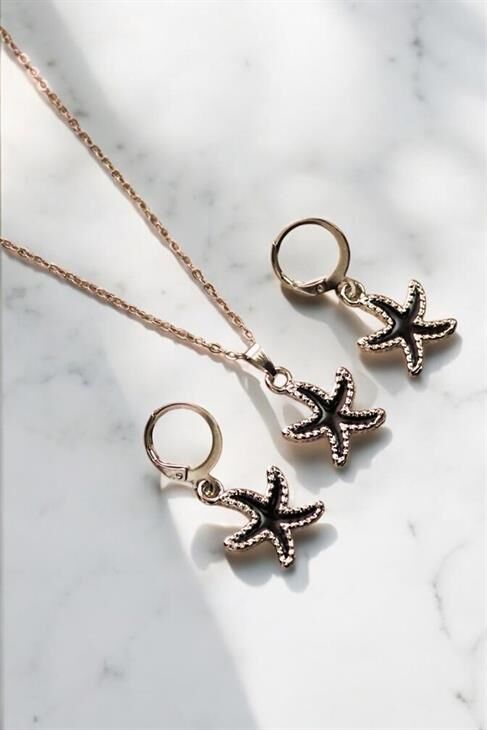 Siyah Deniz Yıldızı Tasarımlı Kolye Küpe Takı Seti