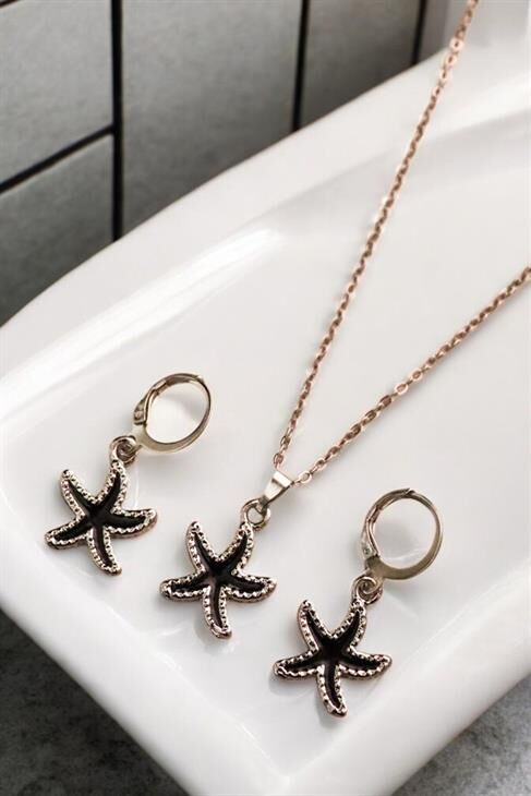 Siyah Deniz Yıldızı Tasarımlı Kolye Küpe Takı Seti