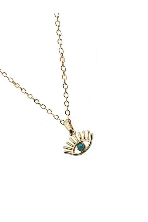 Turkuaz Renkli Göz Tasarımlı Altın Renkli Kadın Kolye