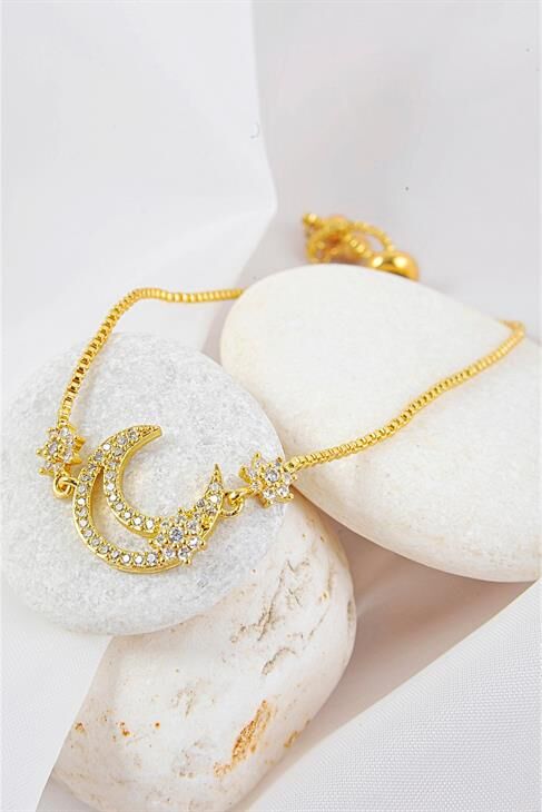 Yarım Ay Tasarımlı Altın Renkli Zirkon Taşlı Bileklik