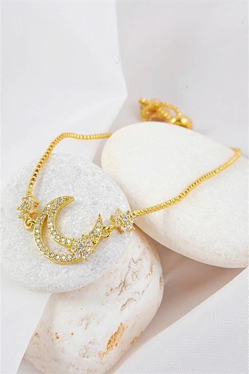 Yarım Ay Tasarımlı Altın Renkli Zirkon Taşlı Bileklik