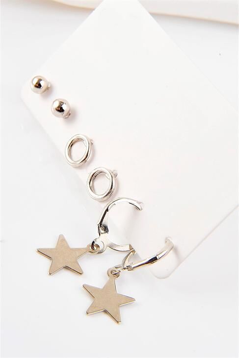 Yıldızlı Halkalı Ve Top Küpeli Vidalı Metal Küpe Seti