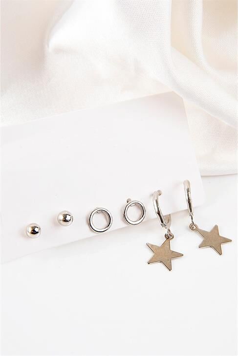 Yıldızlı Halkalı Ve Top Küpeli Vidalı Metal Küpe Seti