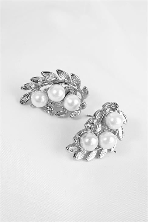 Yaprak Tasarımlı Inci Ve Zirkon Taşlı Gümüş Renkli Vidalı Küpe