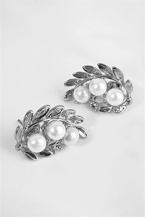 Yaprak Tasarımlı Inci Ve Zirkon Taşlı Gümüş Renkli Vidalı Küpe