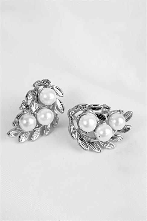 Yaprak Tasarımlı Inci Ve Zirkon Taşlı Gümüş Renkli Vidalı Küpe