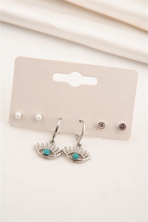 Göz Tasarımlı Turkuaz Boncuklu Gümüş Kaplamalı Küpe