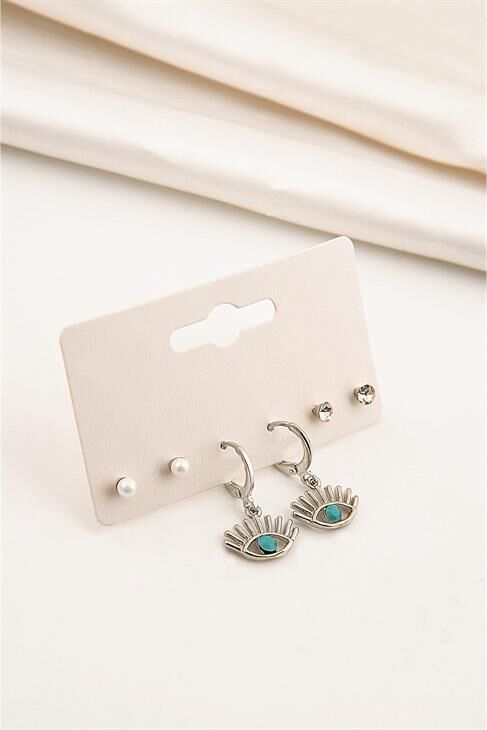 Göz Tasarımlı Turkuaz Boncuklu Gümüş Kaplamalı Küpe