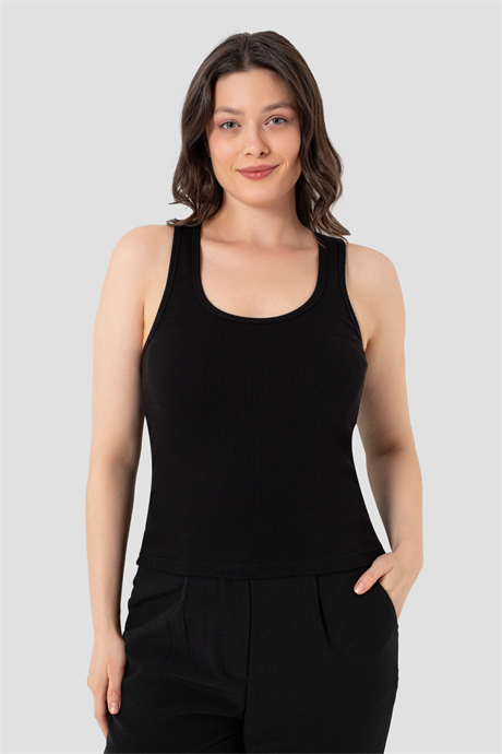 Kadın Fitilli Görünümlü Kalın Askılı Basic Siyah Atlet