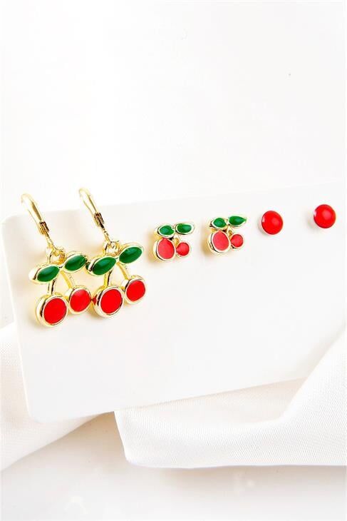 Kiraz Tasarımlı Kırmızı Top Küpeli Vidalı Ve Kancalı Kirazlı Gold Renkli Küpe Seti
