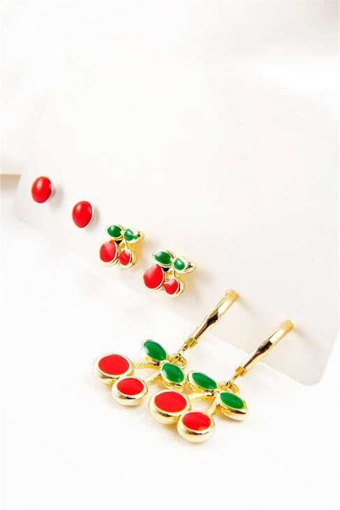 Kiraz Tasarımlı Kırmızı Top Küpeli Vidalı Ve Kancalı Kirazlı Gold Renkli Küpe Seti