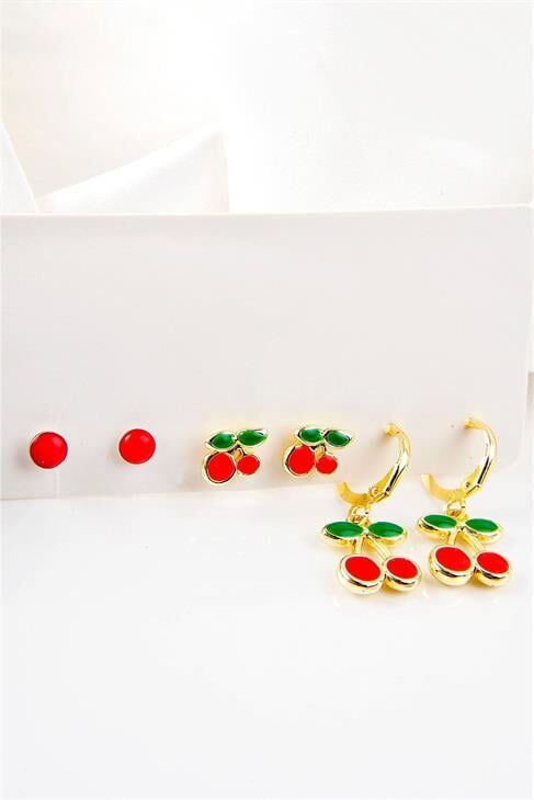 Kiraz Tasarımlı Kırmızı Top Küpeli Vidalı Ve Kancalı Kirazlı Gold Renkli Küpe Seti