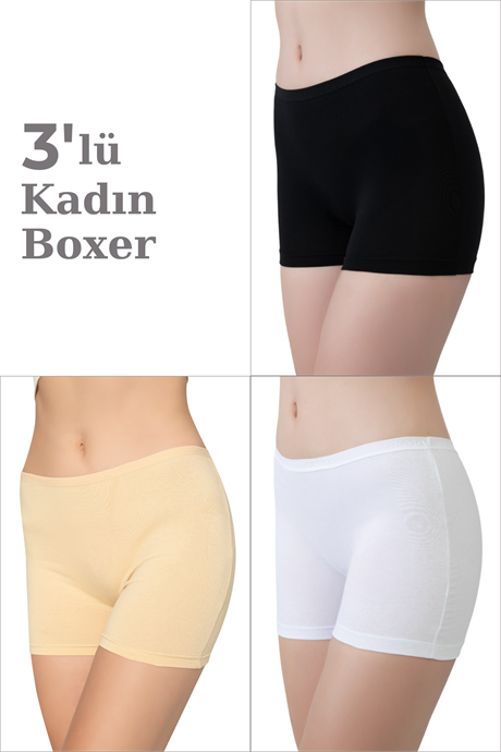 3'lü Paket Kadın Karışık Renkli Boxer Şort Pamuklu Likralı
