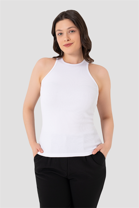 Kadın Pamuklu Fitilli Görünümlü Halter Yaka Basic Beyaz Atlet