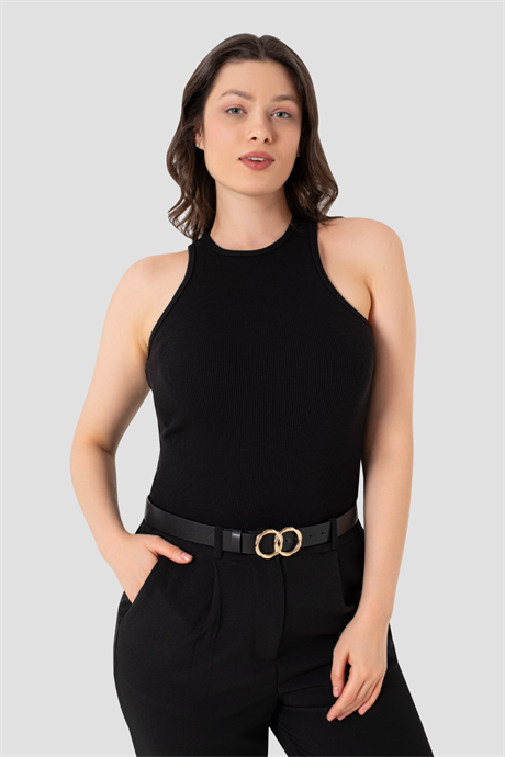 Kadın Pamuklu Fitilli Görünümlü Halter Yaka Basic Siyah Atlet