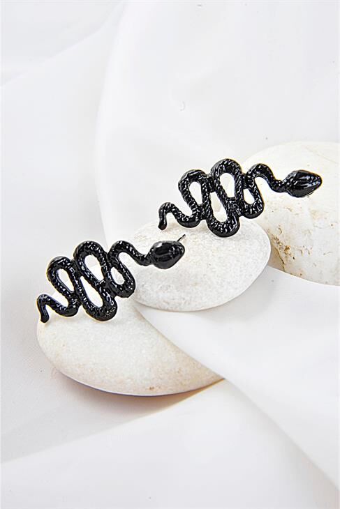 Kıvrımlı Yılan Tasarımlı Siyah Renkli Unısex Vidalı Küpe