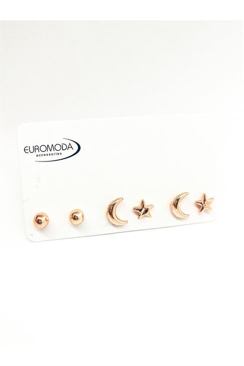 Ay Yıldızlı Top Küpeli Rose Renkli Küpe Seti