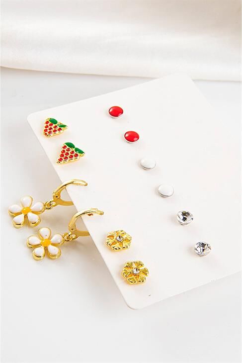 Papatya Çilek Ve Kar Tanesi Tasarımlı Tektaş Ve Renkli Top Küpeli Küpe 12li Seti