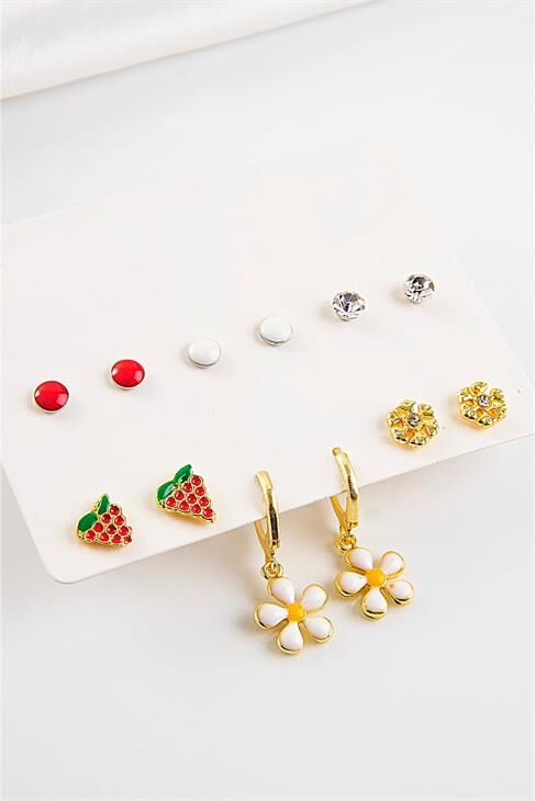 Papatya Çilek Ve Kar Tanesi Tasarımlı Tektaş Ve Renkli Top Küpeli Küpe 12li Seti