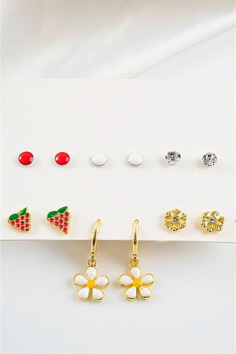 Papatya Çilek Ve Kar Tanesi Tasarımlı Tektaş Ve Renkli Top Küpeli Küpe 12li Seti