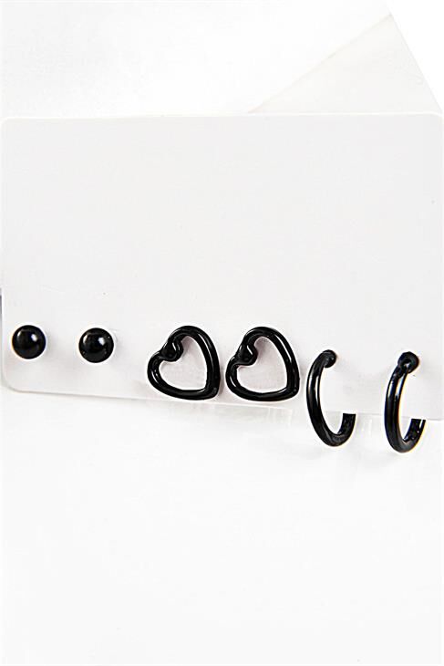 Kalp Tasarımlı Top Ve Halka Küpeli Siyah Renkli Küpe Seti