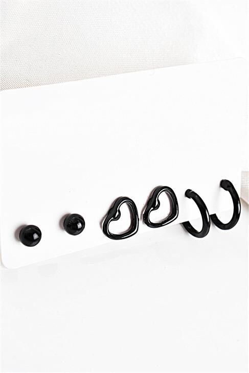 Kalp Tasarımlı Top Ve Halka Küpeli Siyah Renkli Küpe Seti