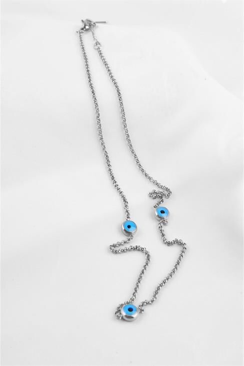 Çelik Nazar Boncuğu Tasarımlı Zincirli Çelik Kolye