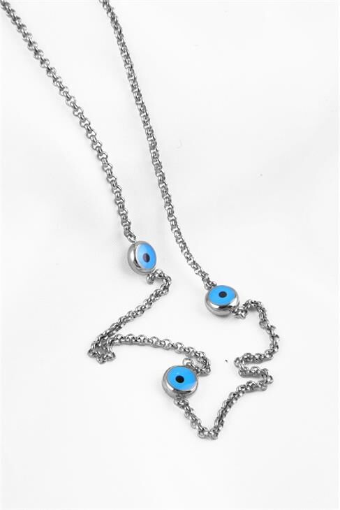 Çelik Nazar Boncuğu Tasarımlı Zincirli Çelik Kolye