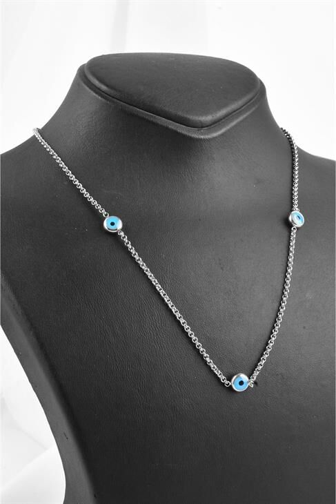 Çelik Nazar Boncuğu Tasarımlı Zincirli Çelik Kolye